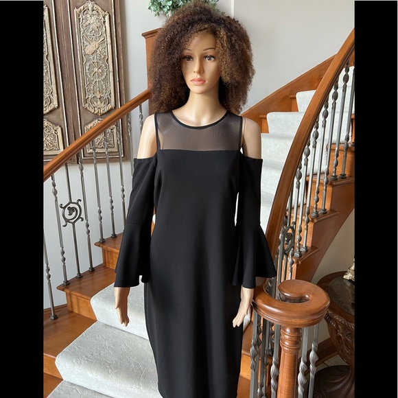 Premier Armor Black Semi-sheer top off the shoulders bell sleeve Dress Sz10 - Picture 2 of 10